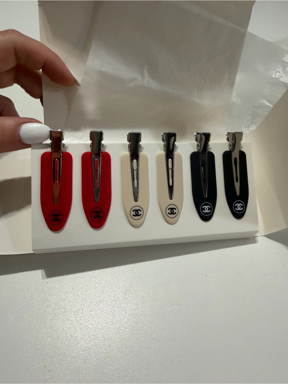 Set of 6 Red, Cream & Black Logo Hair Clips Trio set